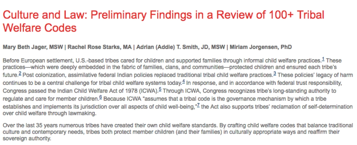 Culture and Law: Preliminary Findings in a Review of 100+ Tribal Welfare Codes