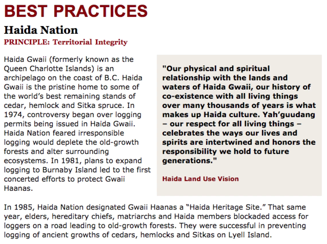 Best Practices Case Study (Territorial Integrity): Haida Nation