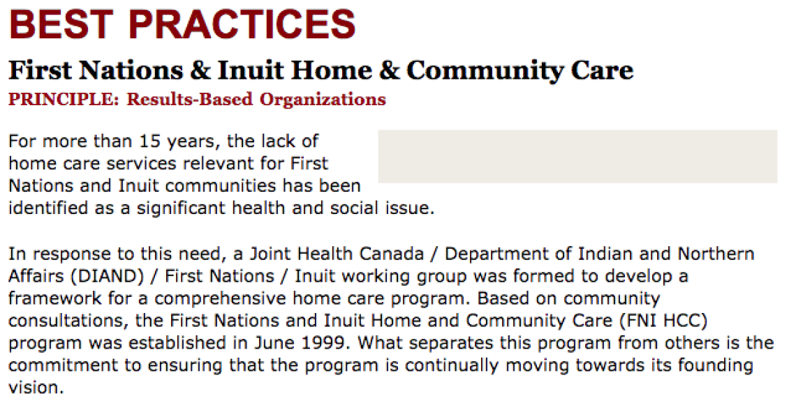 Best Practices Case Study (Results-Based Organizations): First Nations & Inuit Home & Community Care