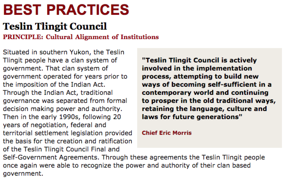 Best Practices Case Study (Cultural Alignment of Institutions): Teslin Tlingit Council