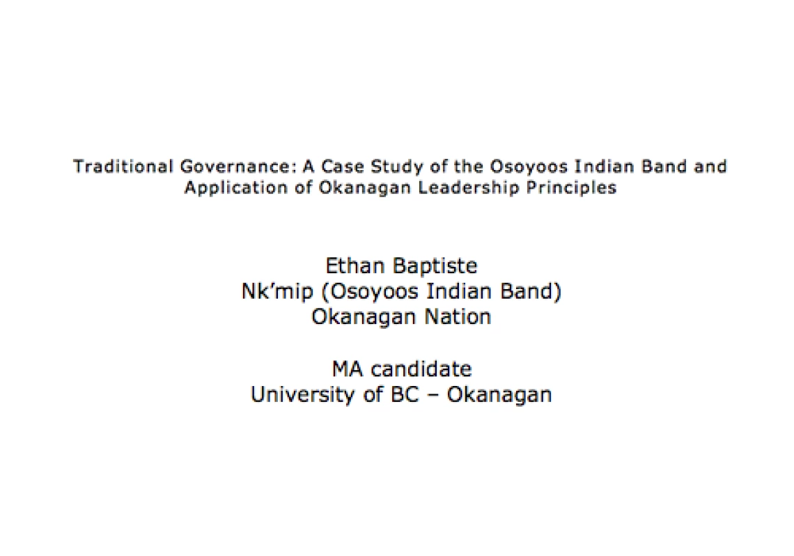 Traditional Governance: A Case Study of the Osoyoos Indian Band and Application of Okanagan Leadership Principles