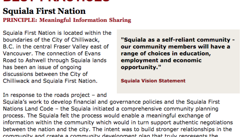 Best Practices Case Study (Meaningful Information Sharing): Squiala First Nation