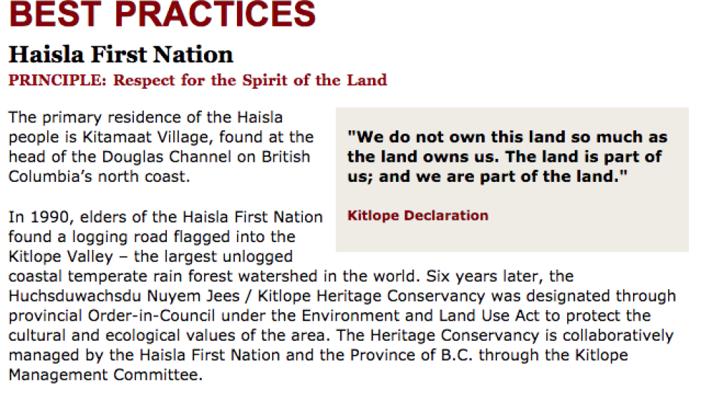 Best Practices Case Study (Respect the Spirit in the Land): Haisla First Nation